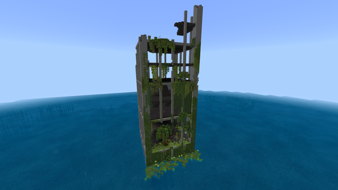 Ruin of an overgrown skyscraper in the middle of an ocean