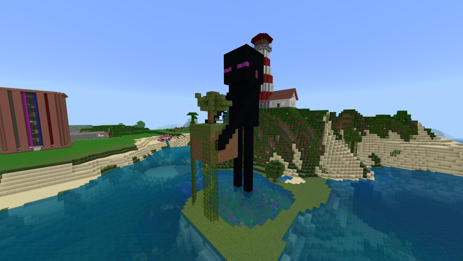 Enormous enderman statue holding a chunk of land